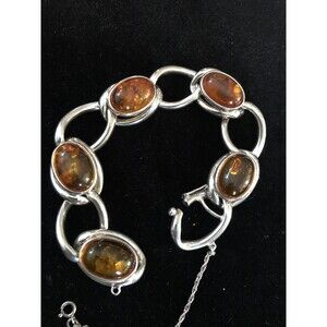 Vintage Rare Sterling Silver Bracelet 925 8” Honey Amber Oval Links Safety Chain